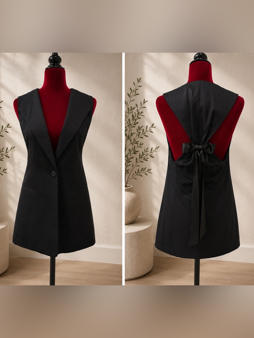 Leith Black Sleeveless Tailored Vest with Bow detailing XS